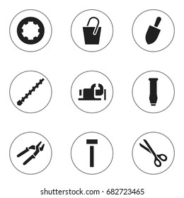 Set Of 9 Editable Equipment Icons. Includes Symbols Such As Press Instrument, Build Fastener, Bore And More. Can Be Used For Web, Mobile, UI And Infographic Design.
