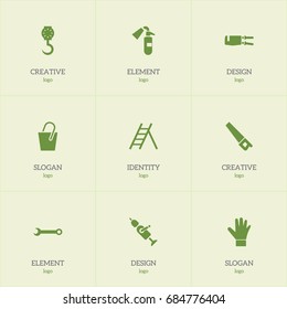 Set Of 9 Editable Equipment Icons. Includes Symbols Such As Sprinkler, Pipe Wrench, Staircase And More. Can Be Used For Web, Mobile, UI And Infographic Design.