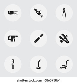 Set Of 9 Editable Equipment Icons. Includes Symbols Such As Grass Cutting Machine, Screwdriver, Pipe Wrench And More. Can Be Used For Web, Mobile, UI And Infographic Design.