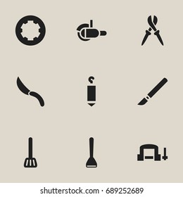 Set Of 9 Editable Equipment Icons. Includes Symbols Such As Potato Peeler, Kitchen Spatula, Mincing Machine And More. Can Be Used For Web, Mobile, UI And Infographic Design.