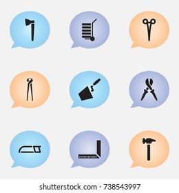 Set Of 9 Editable Equipment Icons. Includes Symbols Such As Measure, Hatchet, Repairing Tool And More. Can Be Used For Web, Mobile, UI And Infographic Design.