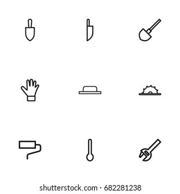 Set Of 9 Editable Equipment Outline Icons. Includes Symbols Such As Tablespoon, Spade, Knife And More. Can Be Used For Web, Mobile, UI And Infographic Design.