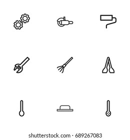 Set Of 9 Editable Equipment Outline Icons. Includes Symbols Such As Rake, Tablespoon, Wrench And More. Can Be Used For Web, Mobile, UI And Infographic Design.