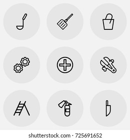 Set Of 9 Editable Equipment Outline Icons. Includes Symbols Such As Vice, Stairway, Pail And More. Can Be Used For Web, Mobile, UI And Infographic Design.