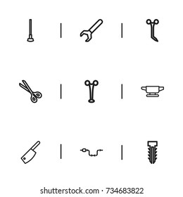 Set Of 9 Editable Equipment Outline Icons. Includes Symbols Such As Plumbing, Butcher Knife, Medical Shear And More. Can Be Used For Web, Mobile, UI And Infographic Design.