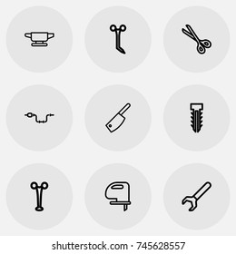Set Of 9 Editable Equipment Outline Icons. Includes Symbols Such As Saw, Spanner, Blacksmith And More. Can Be Used For Web, Mobile, UI And Infographic Design.
