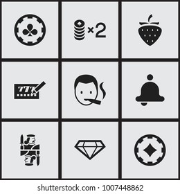 Set of 9 editable excitement icons. Includes symbols such as ring, diamond, ace of diamonds and more. Can be used for web, mobile, UI and infographic design.