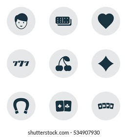 Set Of 9 Editable Excitement Icons. Includes Symbols Such As Bones Game, Lucky Seven, Berry; And More. Can Be Used For Web, Mobile, UI And Infographic Design.