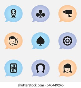 Set Of 9 Editable Excitement Icons. Includes Symbols Such As Stacked Money, Luck Charm, Black Heart And More. Can Be Used For Web, Mobile, UI And Infographic Design.