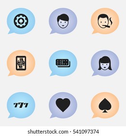 Set Of 9 Editable Excitement Icons. Includes Symbols Such As Woman Face, Lucky Seven, Blackjack And More. Can Be Used For Web, Mobile, UI And Infographic Design.