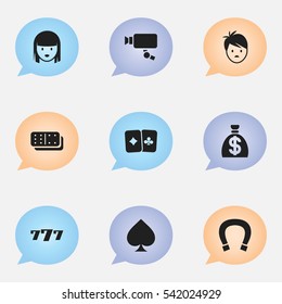 Set Of 9 Editable Excitement Icons. Includes Symbols Such As Game Card, Moneybag, Tracking Cam And More. Can Be Used For Web, Mobile, UI And Infographic Design.