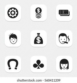 Set Of 9 Editable Excitement Icons. Includes Symbols Such As Smoker, Luck Charm, Boy And More. Can Be Used For Web, Mobile, UI And Infographic Design.