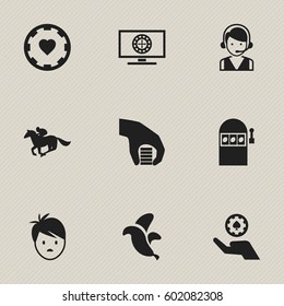 Set Of 9 Editable Excitement Icons. Includes Symbols Such As Boy, Jockey, Casino Chip And More. Can Be Used For Web, Mobile, UI And Infographic Design.