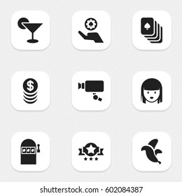 Set Of 9 Editable Excitement Icons. Includes Symbols Such As Female Face, Badge, Stacked Money And More. Can Be Used For Web, Mobile, UI And Infographic Design.