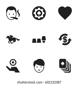 Set Of 9 Editable Excitement Icons. Includes Symbols Such As Cup Tricking, Smoker, Casino Worker And More. Can Be Used For Web, Mobile, UI And Infographic Design.