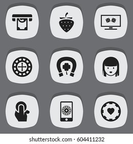 Set Of 9 Editable Excitement Icons. Includes Symbols Such As Fortune, Smartphone Spinner Gaming, Horseshoe With Clover And More. Can Be Used For Web, Mobile, UI And Infographic Design.