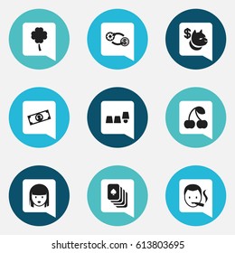Set Of 9 Editable Excitement Icons. Includes Symbols Such As Cup Tricking, Lucky Leaf, Canine Fighter And More. Can Be Used For Web, Mobile, UI And Infographic Design.