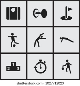 Set of 9 editable exercise icons. Includes symbols such as platform for winner, balance, football and more. Can be used for web, mobile, UI and infographic design.