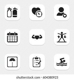 Set Of 9 Editable Exercise Icons. Includes Symbols Such As Fitness Drink, Strong Love, Questionnaire And More. Can Be Used For Web, Mobile, UI And Infographic Design.