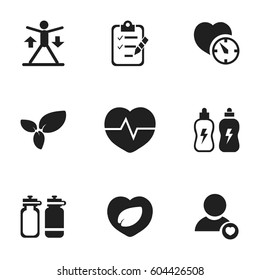 Set Of 9 Editable Exercise Icons. Includes Symbols Such As Plant, Heartbeat, Profile And More. Can Be Used For Web, Mobile, UI And Infographic Design.