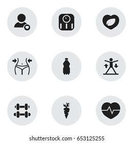 Set Of 9 Editable Exercise Icons. Includes Symbols Such As Slimming, Heartbeat, Sport Water And More. Can Be Used For Web, Mobile, UI And Infographic Design.