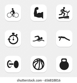 Set Of 9 Editable Exercise Icons. Includes Symbols Such As Stopwatch, Physical Education, Racetrack Training And More. Can Be Used For Web, Mobile, UI And Infographic Design.