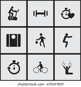 Set Of 9 Editable Exercise Icons. Includes Symbols Such As Health Time, Heft, Acrobat And More. Can Be Used For Web, Mobile, UI And Infographic Design.