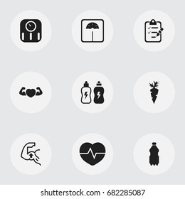 Set Of 9 Editable Exercise Icons. Includes Symbols Such As Questionnaire, Weight Measurement, Energetic Beverage And More. Can Be Used For Web, Mobile, UI And Infographic Design.
