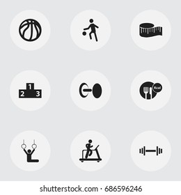 Set Of 9 Editable Exercise Icons. Includes Symbols Such As Strength, Cloth Ruler, Basket Play And More. Can Be Used For Web, Mobile, UI And Infographic Design.