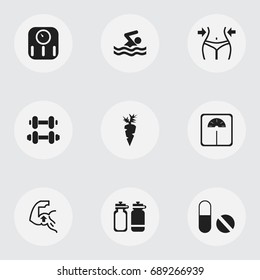 Set Of 9 Editable Exercise Icons. Includes Symbols Such As Hand Barbell, Scales, Weight Measurement. Can Be Used For Web, Mobile, UI And Infographic Design.