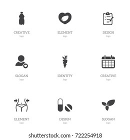 Set Of 9 Editable Exercise Icons. Includes Symbols Such As Leaf In Heart, Sport Water, Plant And More. Can Be Used For Web, Mobile, UI And Infographic Design.