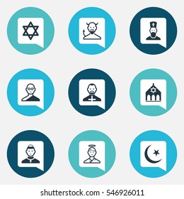 Set Of 9 Editable Faith Icons. Includes Symbols Such As Satan, Friar, Cardinal And More. Can Be Used For Web, Mobile, UI And Infographic Design.