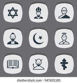 Set Of 9 Editable Faith Icons. Includes Symbols Such As Satan, Christian, Cherub And More. Can Be Used For Web, Mobile, UI And Infographic Design.