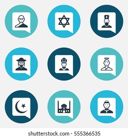 Set Of 9 Editable Faith Icons. Includes Symbols Such As Chapel, Hebrew, Hexagram And More. Can Be Used For Web, Mobile, UI And Infographic Design.
