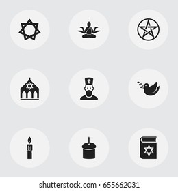 Set Of 9 Editable Faith Icons. Includes Symbols Such As Temple, Hexagram, Fire Wax And More. Can Be Used For Web, Mobile, UI And Infographic Design.