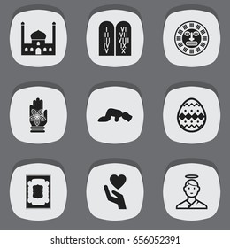 Set Of 9 Editable Faith Icons. Includes Symbols Such As Tribal Mask, Ancient Stone Text, Muslim Carpet And More. Can Be Used For Web, Mobile, UI And Infographic Design.