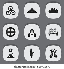 Set Of 9 Editable Faith Icons. Includes Symbols Such As Begging, Church, Plus In Circle And More. Can Be Used For Web, Mobile, UI And Infographic Design.