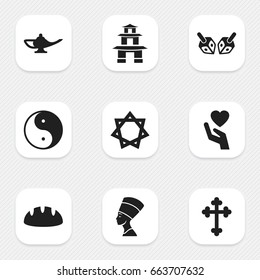 Set Of 9 Editable Faith Icons. Includes Symbols Such As Crucifix, Enchanter Stick, Diwali And More. Can Be Used For Web, Mobile, UI And Infographic Design.