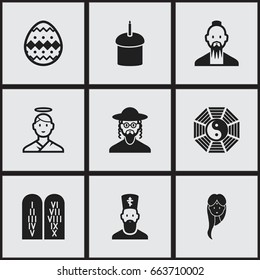 Set Of 9 Editable Faith Icons. Includes Symbols Such As Clergyman, Cherub, Spring Pie And More. Can Be Used For Web, Mobile, UI And Infographic Design.