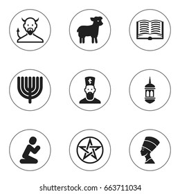 Set Of 9 Editable Faith Icons. Includes Symbols Such As Cleopatra, Orison, Hanukkah And More. Can Be Used For Web, Mobile, UI And Infographic Design.