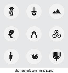 Set Of 9 Editable Faith Icons. Includes Symbols Such As Cleopatra, Eye On Hand , Pigeon. Can Be Used For Web, Mobile, UI And Infographic Design.