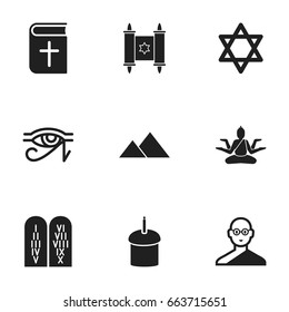Set Of 9 Editable Faith Icons. Includes Symbols Such As Christian Book, Buddha, Ancient Stone Text And More. Can Be Used For Web, Mobile, UI And Infographic Design.