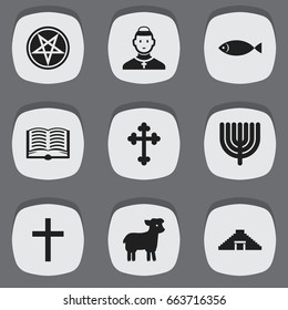 Set Of 9 Editable Faith Icons. Includes Symbols Such As Crucifix, Hanukkah, Fish And More. Can Be Used For Web, Mobile, UI And Infographic Design.