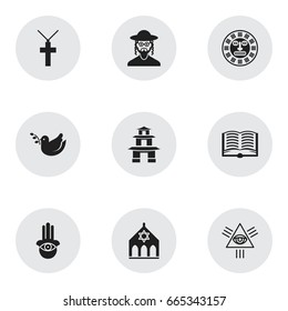 Set Of 9 Editable Faith Icons. Includes Symbols Such As Eye On Hand , Pigeon, Pagoda. Can Be Used For Web, Mobile, UI And Infographic Design.