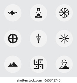 Set Of 9 Editable Faith Icons. Includes Symbols Such As Giza, Plus In Circle, Diwali And More. Can Be Used For Web, Mobile, UI And Infographic Design.