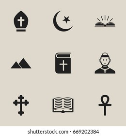 Set Of 9 Editable Faith Icons. Includes Symbols Such As Crucifix, Pope Headwear, Christian Book And More. Can Be Used For Web, Mobile, UI And Infographic Design.