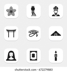 Set Of 9 Editable Faith Icons. Includes Symbols Such As Egypt God, Christian, Pyramid And More. Can Be Used For Web, Mobile, UI And Infographic Design.