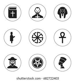 Set Of 9 Editable Faith Icons. Includes Symbols Such As Hebrew, Egyptian Cross, Baphomet Symbol And More. Can Be Used For Web, Mobile, UI And Infographic Design.