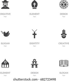 Set Of 9 Editable Faith Icons. Includes Symbols Such As Pigeon, Pope Headwear, Tribal Mask And More. Can Be Used For Web, Mobile, UI And Infographic Design.