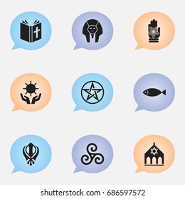 Set Of 9 Editable Faith Icons. Includes Symbols Such As Temple, Jewish, Pentagram And More. Can Be Used For Web, Mobile, UI And Infographic Design.